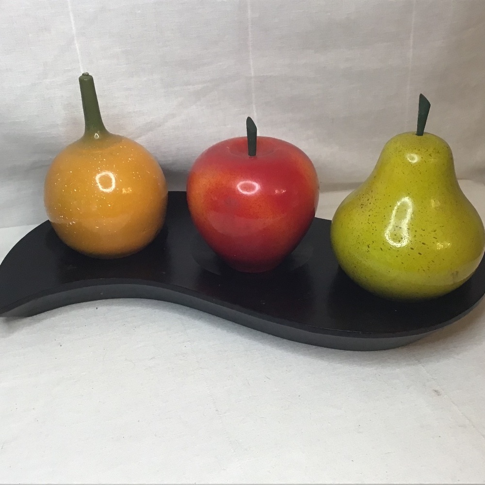 Home Decor Fruit Trio Hand-carve Wood, Orange, Apple, Pear w/ Wooden Tray